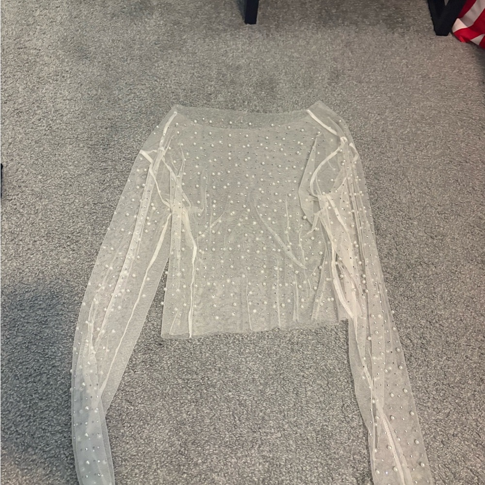 Buckle Sheer Cream Blouse with Pearl Details